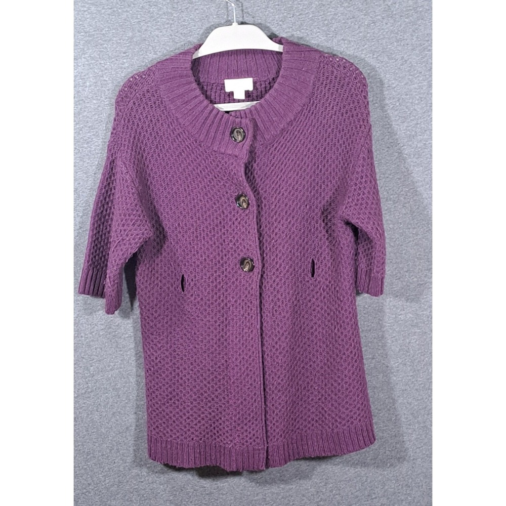 Ann Taylor‎ Loft Purple Waffle Knit Cardigan Funnel Neck Short Sleeve Sweater L